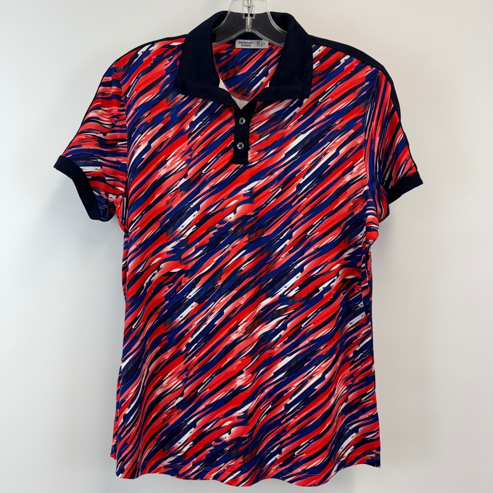 Bermuda Sands XP Womens Golf Polo Shirt Medium Red White Navy Blue Abstract